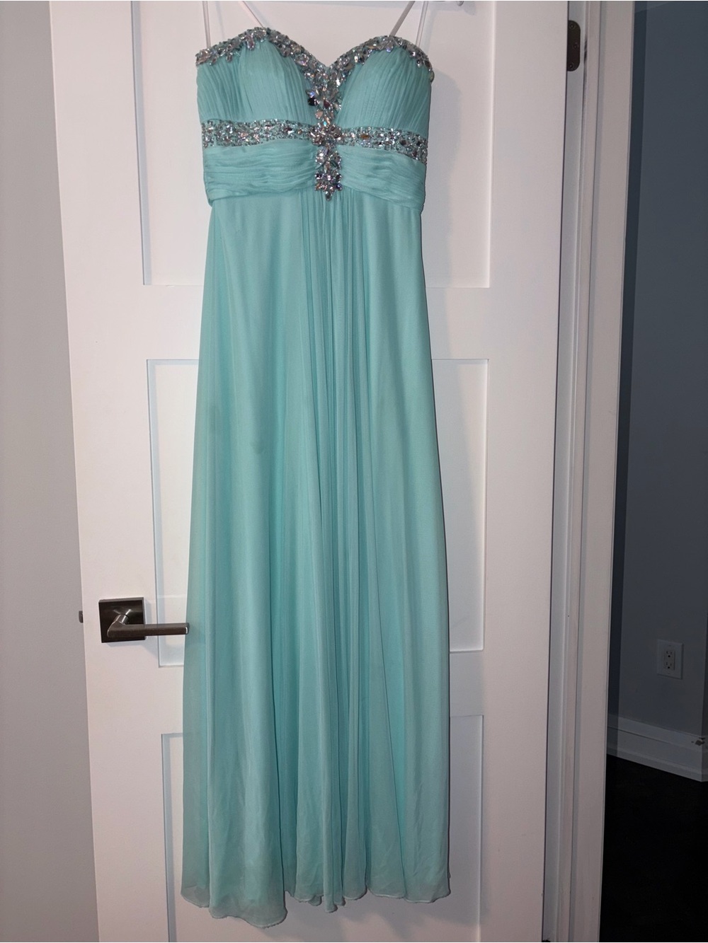 Chateau Light Aqua Beaded Strapless Evening Dress